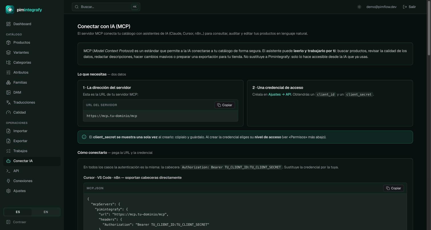 Pantalla «Conectar con IA (MCP)» del PIM, con la URL del servidor, la credencial de acceso y el fichero de configuración listo para copiar.